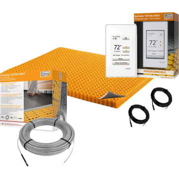 All in One Floor Heating Kit with 27 sq ft Cable, 43 sq ft INSULATED Membrane, Touchscreen Programmable Thermostat (120V)