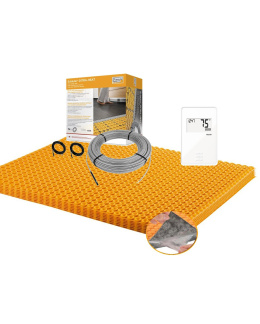 All in One Floor Heating Kit with 53 sq ft Cable, 77 sq ft Peel & Stick Insulated DUO Membrane, Non-Programmable Thermostat (240V)